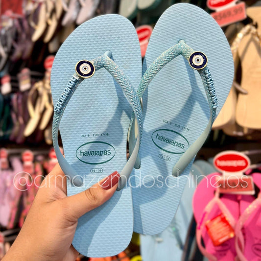 Havaianas Slim Glitter Neon + Pingente Olho Grego fixo - Armazém dos Chinelos  