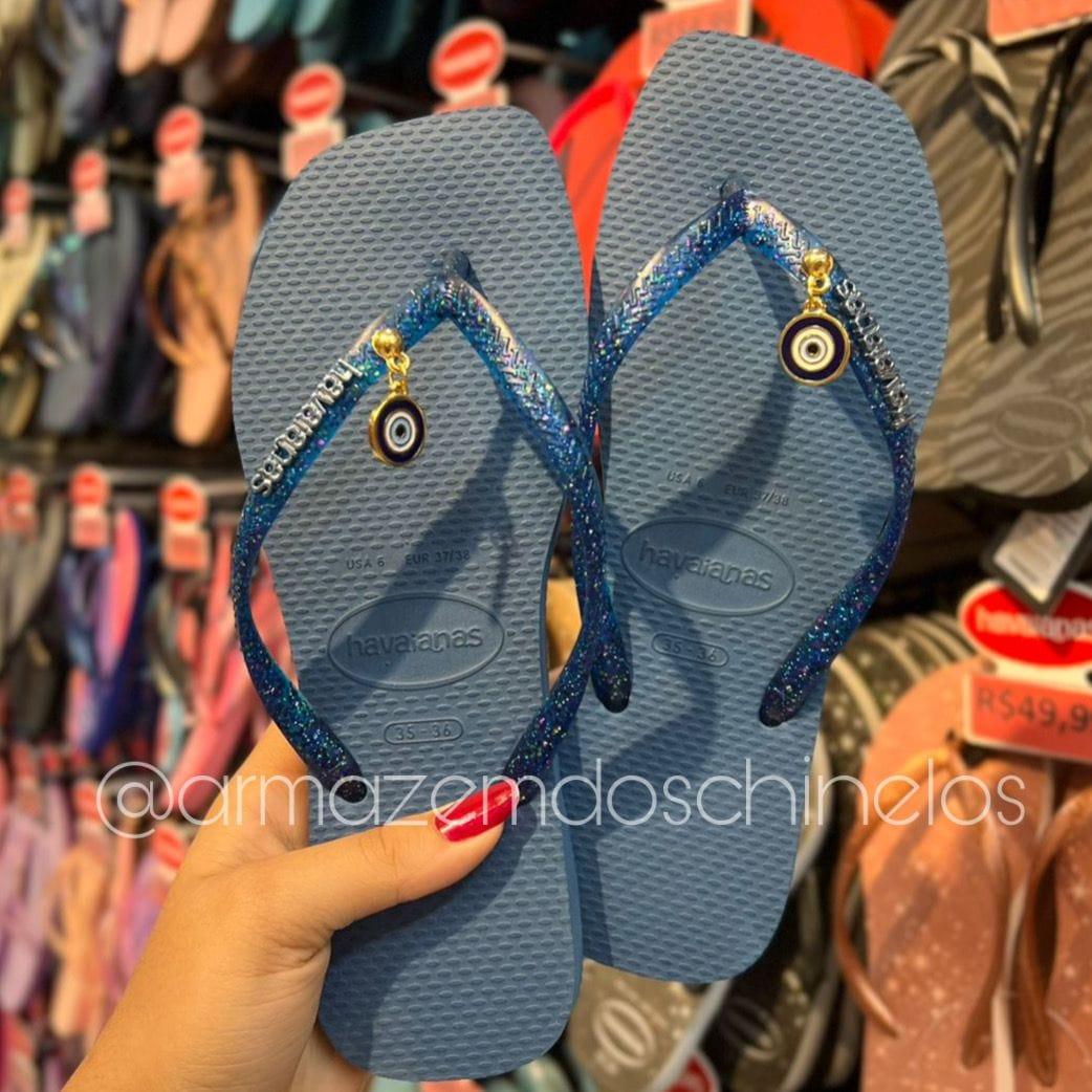 Havaianas Slim Square Logo Metallic + Pingente Olho Grego Azul - Armazém dos Chinelos  