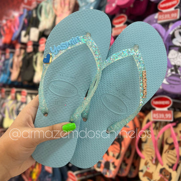 Havaianas Slim Glitter Flrish + Pingente Coração e Nome (Yasmin)