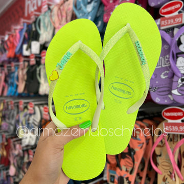 Havaianas Slim Glitter Neon + Pingente Nome e Coração - (R até Y)