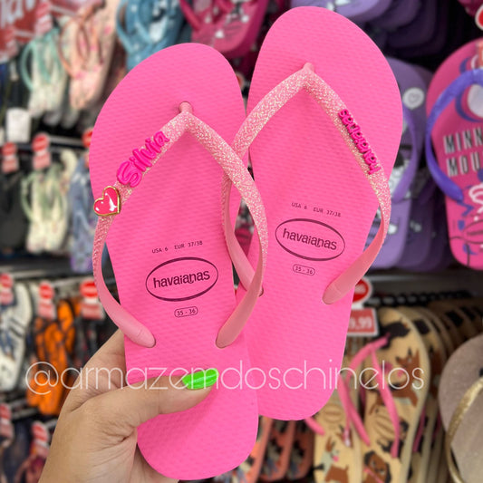 Havaianas Slim Glitter Neon + Pingente Nome e Coração - (G até P)