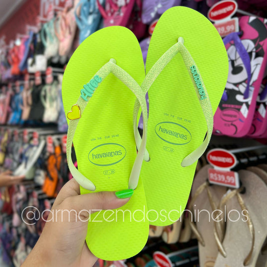 Havaianas Slim Glitter Neon + Pingente Nome e Coração - (G até P)