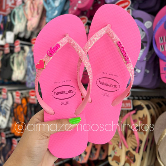 Havaianas Slim Glitter Neon + Pingente Nome e Coração - (A até G)