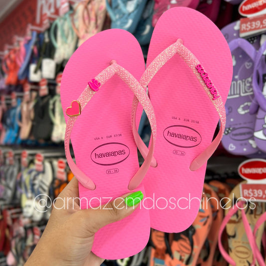Havaianas Slim Glitter Neon + Pingente Nome e Coração - (R até Y)
