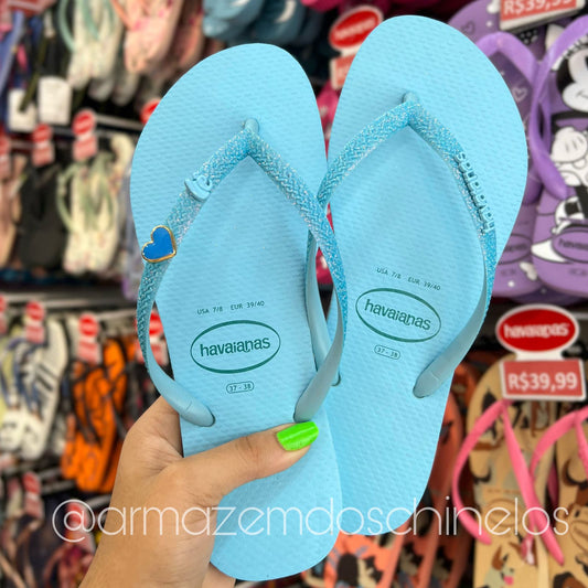 Havaianas Slim Glitter Neon + Pingente Nome e Coração - (R até Y)