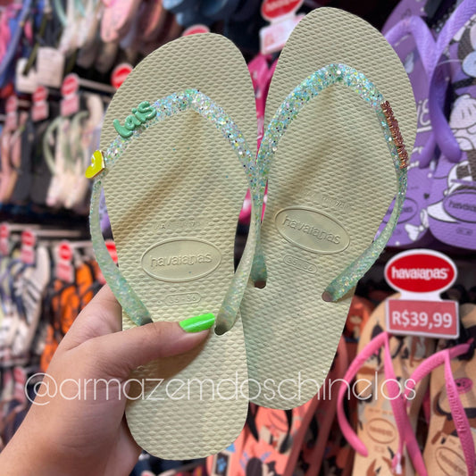 Havaianas Slim Glitter Flrish + Pingente Nome e Coração - (A até G)