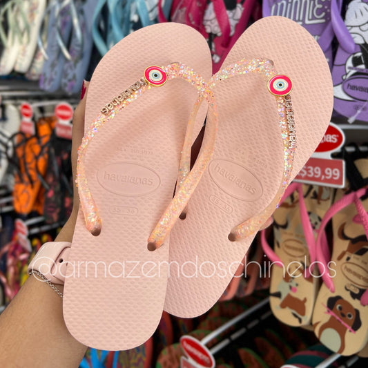 Havaianas Slim Glitter Flrish + Pingente Olho Grego Fixo