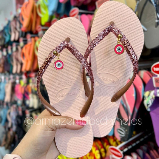 Havaianas Slim Glitter + Pingente Olho Grego Pink - Armazém dos Chinelos  