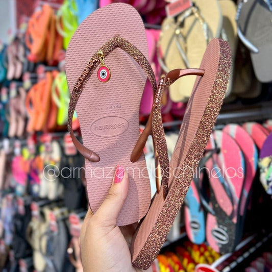 Havaianas Slim Sparkle + Pingente Olho Grego Pink - Armazém dos Chinelos  